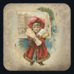 Schattigee Vintage Christmas Shopper Vierkante Sticker<br><div class="desc">Schattig Victoriaans kind na een boodschappenreis in een met bont gesneden rode jas en motorkap met wapens gevuld met geschenken met stadsvignet,  blauwe winterhemel en kaarsen op een decoratieve rustic sepia achtergrond.</div>