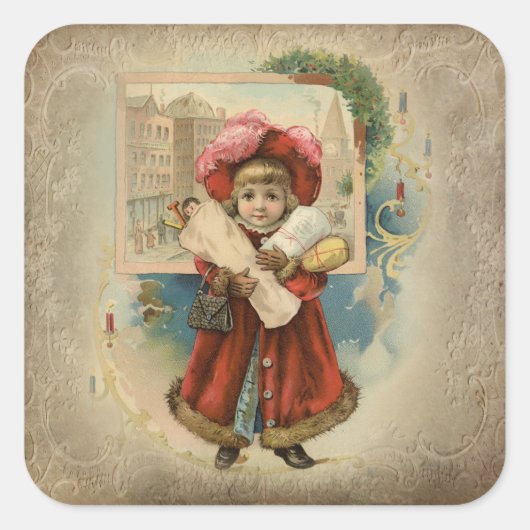 Schattigee Vintage Christmas Shopper Vierkante Sticker (Voorkant)