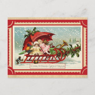 Schattigee vintage kerst groeten speelgoed slee briefkaart