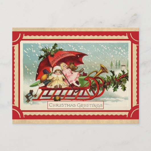 Schattigee vintage kerst groeten speelgoed slee briefkaart (Voorkant)