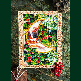 Schattigee Vintage Kerst Maan Huis Holly Mistletoe Feestdagenkaart