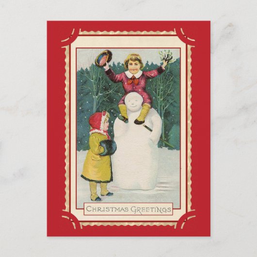 Schattigee vintage kerstgroeten Kinder sneeuwman Briefkaart (Voorkant)