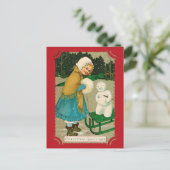 Schattigee Vintage Kerstgroeten Meisje Snowman Briefkaart (Staand voorkant)