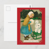 Schattigee Vintage Kerstgroeten Meisje Snowman Briefkaart (Voorkant / Achterkant)