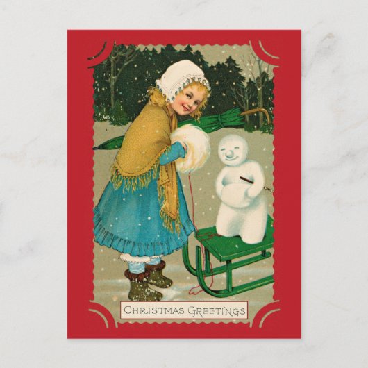 Schattigee Vintage Kerstgroeten Meisje Snowman Briefkaart (Voorkant)
