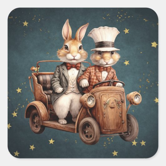Schattigee vintage kerstkonijnen vierkante sticker (Voorkant)