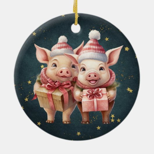 Schattigee vintage kerstvarkens keramisch ornament (Achterkant)