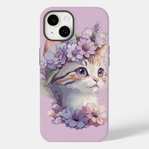 Schattigee Violet Waterverf Kat met Flora Case-Mate iPhone 14 Hoesje