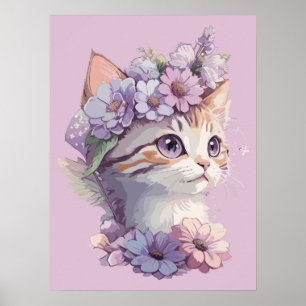 Schattigee Violet Waterverf Kat met Flora Poster