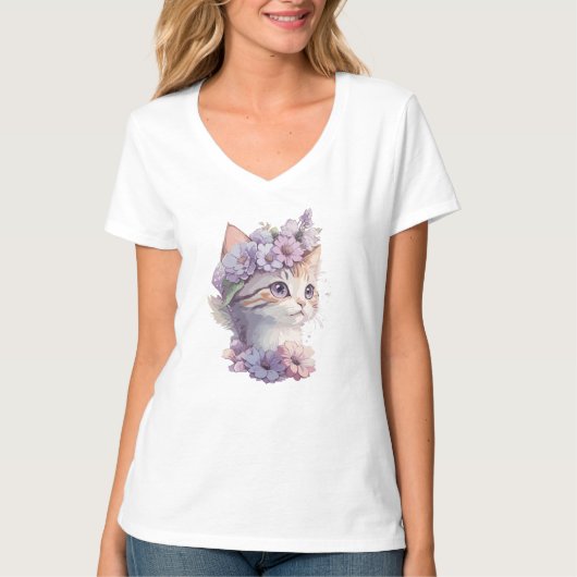 Schattigee Violet Waterverf Kat met Flora T-shirt (Voorkant)
