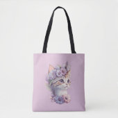 Schattigee Violet Waterverf Kat met Flora Tote Bag (Voorkant)
