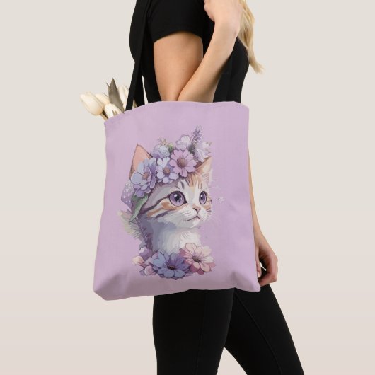 Schattigee Violet Waterverf Kat met Flora Tote Bag (Dichtbij)