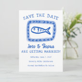 Schattigee vis Hand getekend Sweet Blue White Cust Save The Date (Staand voorkant)