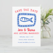 Schattigee vis Hand getekend Sweet Red Blue Custom Save The Date (Staand voorkant)