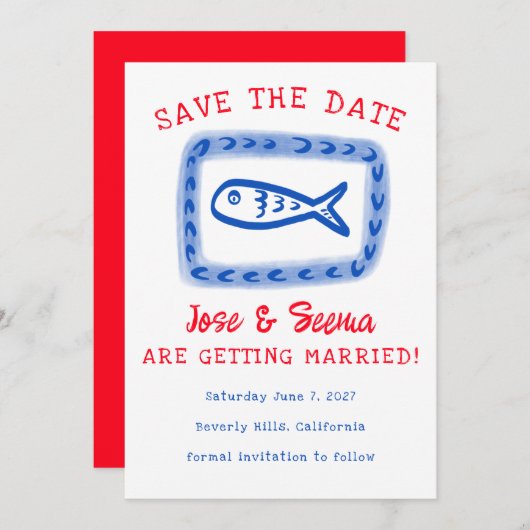 Schattigee vis Hand getekend Sweet Red Blue Custom Save The Date (Voorkant / Achterkant)
