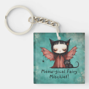 Schattigee vleermuisfee en haar kat Halloween Sleutelhanger