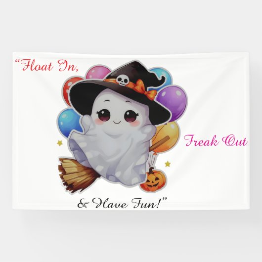 Schattigee Vliegende Geest op Bezem met Ballonnen  Spandoek (Horizontaal)