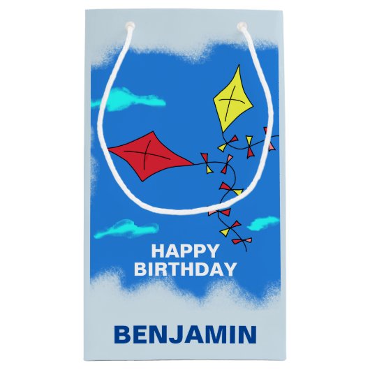 Schattigee vliegers Blauw Happy Birthday Naam Kind Klein Cadeauzakje (Achterkant)