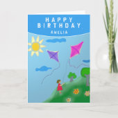 Schattigee vliegers en meisje tekenen Happy Birthd Kaart (Voorkant)