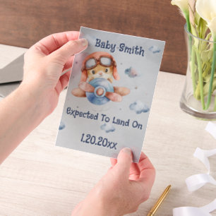 Schattigee Vliegtuiglanding Piloot Jongen Zwangers Vellum Uitnodigingen