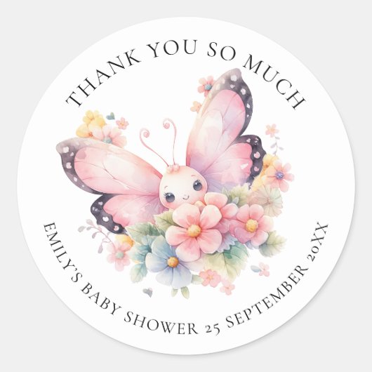 Schattigee vlinder bloemen dank u Baby shower Ronde Sticker (Voorkant)