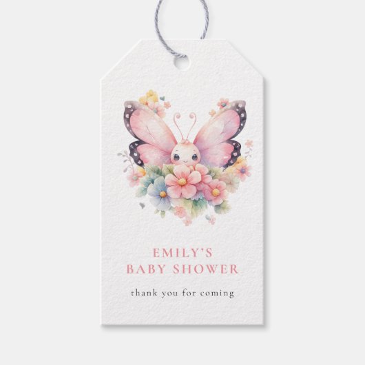 Schattigee Vlinder Roze Bloemen Baby shower Dank u Cadeaulabel (Voorkant)