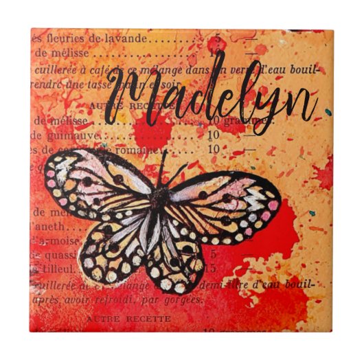 Schattigee Vlinder Waterverf Boho Naam toevoegen Tegeltje (Voorkant)