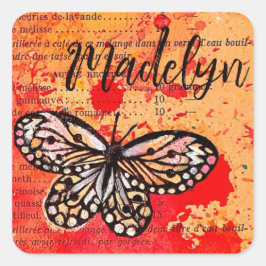Schattigee Vlinder Waterverf  Boho Naam toevoegen Vierkante Sticker