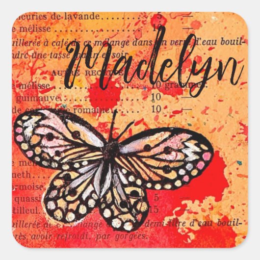 Schattigee Vlinder Waterverf  Boho Naam toevoegen Vierkante Sticker (Voorkant)