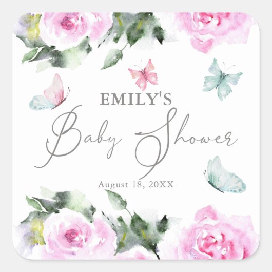 Schattigee vlinderbloemen Baby shower Vierkante Sticker (Voorkant)