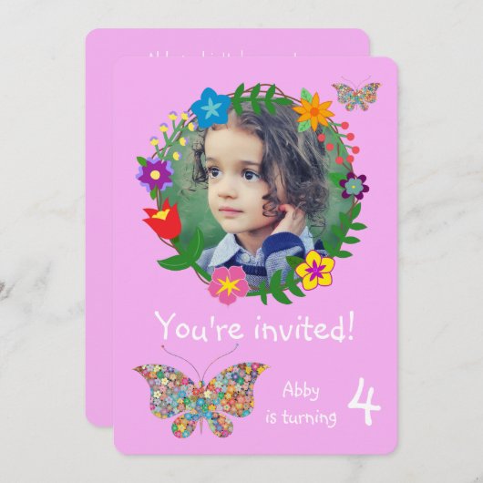 Schattigee vlinderbloemen meisjes verjaardagsfeest kaart (Voorkant / Achterkant)