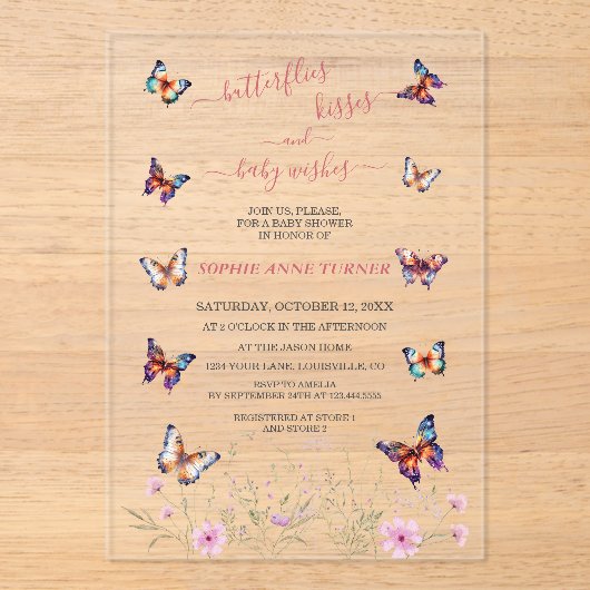 Schattigee vlinders kussen Baby wenst Baby shower Acryl Uitnodigingen (Voorkant)