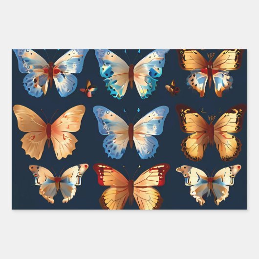 Schattigee Vlinders op blauwe en witte achtergrond Inpakpapier Vel (Voorkant 2)