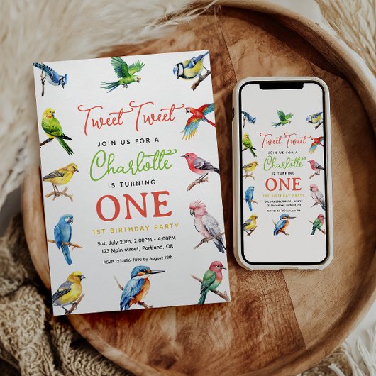 Schattigee vogel 1e verjaardagsfeest kaart