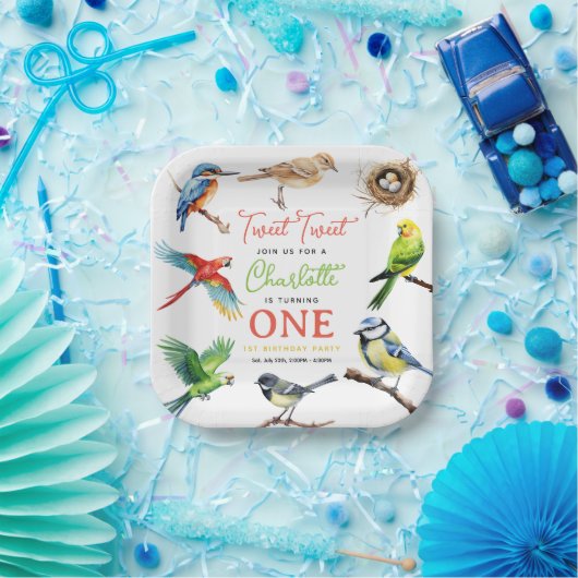 Schattigee vogel 1e verjaardagsfeest papieren bordje (Feest)