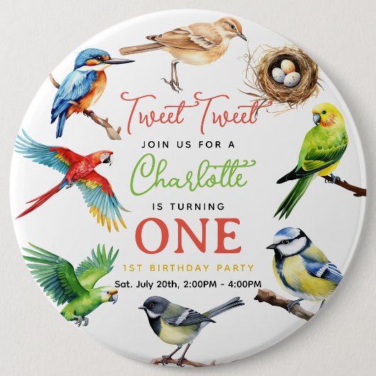 Schattigee vogel 1e verjaardagsfeest ronde button 6,0 cm (Voorkant)