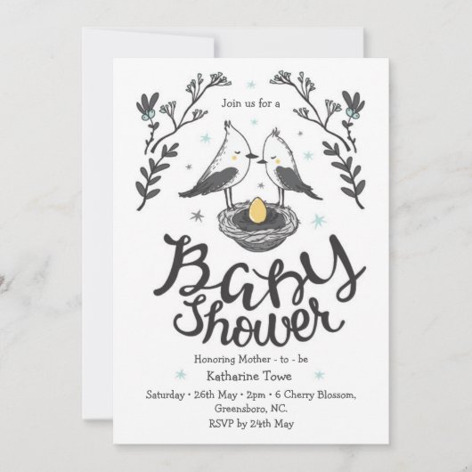 Schattigee vogel baby shower uitnodiging met aange (Voorkant)