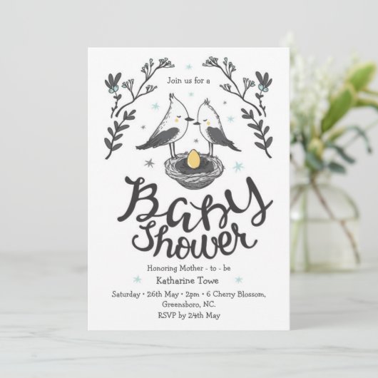 Schattigee vogel baby shower uitnodiging met aange (Staand voorkant)
