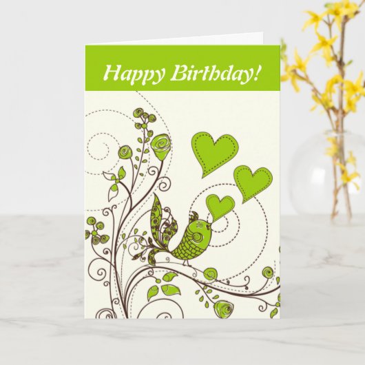 Schattigee vogel en harten bloemengroen, bruin op  kaart (Gele Bloem)