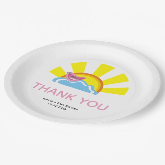 Schattigee vogel en zon Baby shower Dank u Papieren Bordje (Gekanteld)