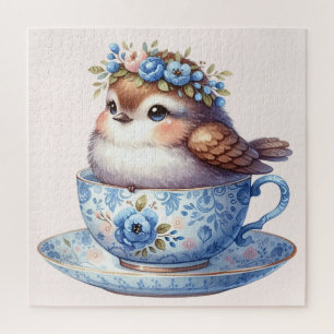 Schattigee Vogel in Bloemen Teacup Cottagecore Art Legpuzzel