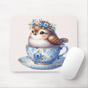 Schattigee Vogel in Bloemen Teacup Cottagecore Art Muismat