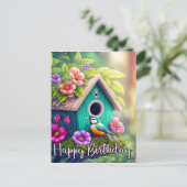 Schattigee vogelkijkers vogelhuis illustratie briefkaart (Staand voorkant)
