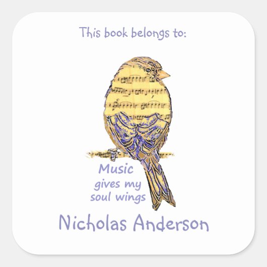 Schattigee Vogelmuziek geven Wings Quote Bookplate Vierkante Sticker (Voorkant)