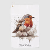 Schattigee vogelrode robin in waterverf, aanpasbaa golfhanddoek (Voorkant)