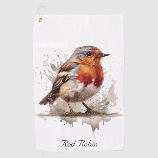Schattigee vogelrode robin in waterverf, aanpasbaa golfhanddoek (Voorkant)