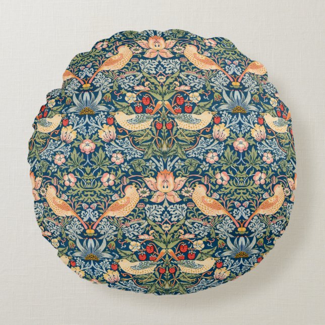 Schattigee vogels, aardbeiendief  kunst rond kussen (Voorkant)