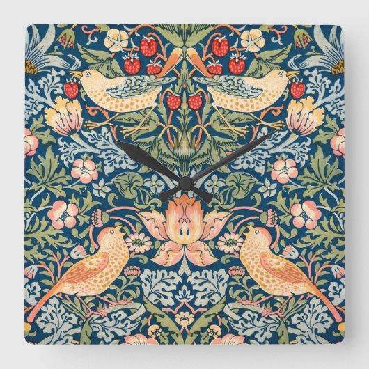 Schattigee vogels, aardbeiendief kunst vierkante klok (Voorkant)