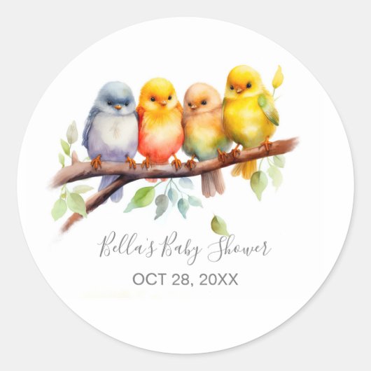 Schattigee Vogels op Tree Branch Baby shower Ronde Sticker (Voorkant)