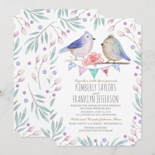 Schattigee Vogels Paar Roze Bloemboom Huwelijk Kaart (Voorkant / Achterkant)